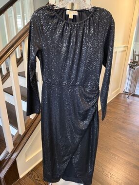 MICHAEL KORS Black Sequin Long Sleeve Midi Dress